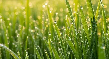 Obraz premium Dew-covered green grass blades glowing in morning sunlight 