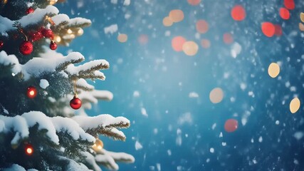 Snow-covered Christmas tree branch with red ornaments and warm lights on a blue bokeh background, falling snowflakes, winter holiday season
