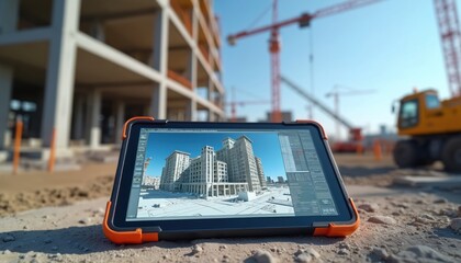 Tablet displays building model at construction site. Cranes and excavators work on unfinished structure. Technology aids construction progress. Project management device. Future building plan.