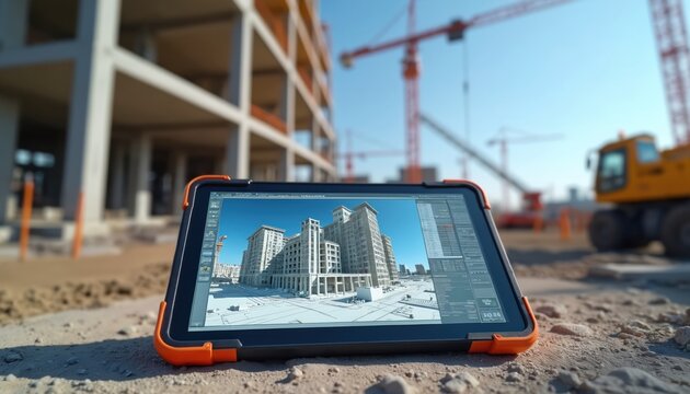 Tablet displays building model at construction site. Cranes and excavators work on unfinished structure. Technology aids construction progress. Project management device. Future building plan.