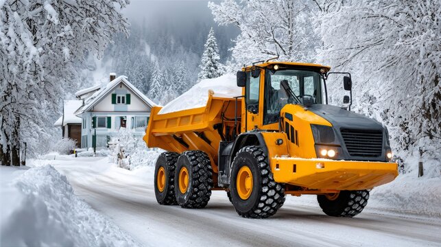 Yellow articulated dump truck hauling snow on winter road
