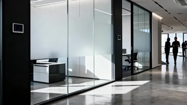 Medium shot of a modern office using smart privacy glass that shifts from clear to frosted enhancing confidentiality while maintaining a sleek interior design.