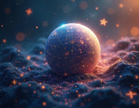 Abstract sphere with glowing lines rests on textured ground. Orange stars and light orbs float in dark cosmic space. Mystical, glowing orb with intricate pattern over nebula field.
