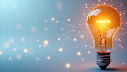 Glowing lightbulb with network connections shines brightly. Represents innovation, idea, tech, creativity. Solution concept for science, bussines. Great design element background. Lightbulb radiates