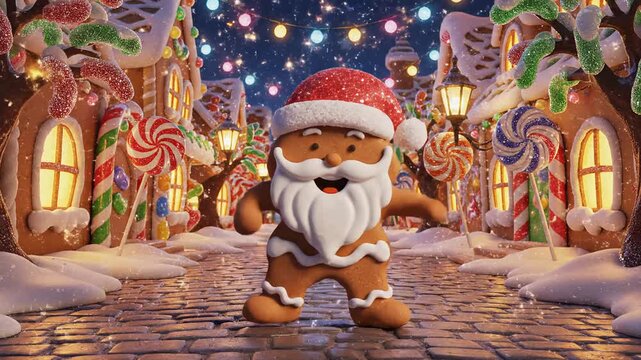 3D animated gingerbread man dressed as Santa dancing in a Christmas village. Funny character performing on a snowy street with candy houses and festive lights
