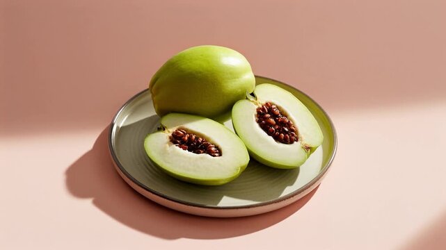 Fresh higo figs halved on white plate with seeds closeup view