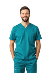 Obraz premium Smiling male healthcare professional wearing teal scrubs with hands in pockets against a solid black backdrop