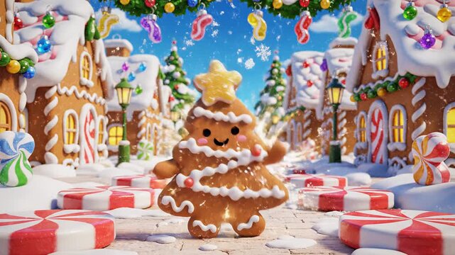 3D animated gingerbread tree cookie dancing in a festive Christmas village. Cute holiday character spinning among candy canes and snow. Winter wonderland concept