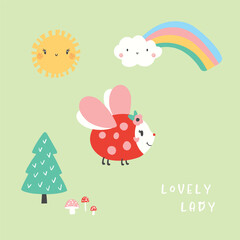 Cute ladybug with sun, rainbow and nature elements in pastel tones with “lovely lady” text. Perfect for kidswear prints, nursery decor and sweet nature-themed designs.