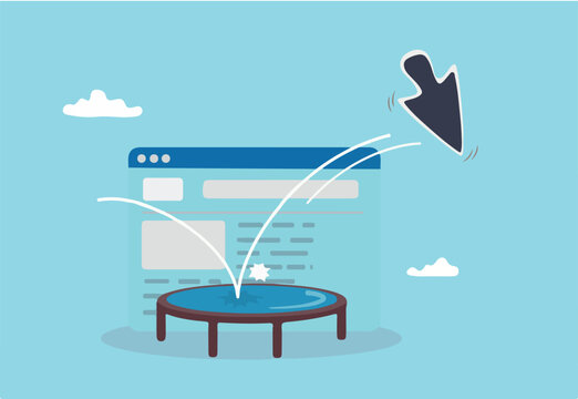 Website bounce rate, visitor click to see website and leave or exit, marketing or advertising analytics for SEO optimization concept, mouse pointer fall and bounce on trampoline on website page.