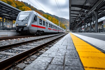 Fototapeta premium Modern commuter train arriving at railway station platform in autumn