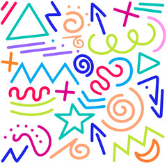 Neon Abstract Memphis Line Art Shapes &ndash; Colorful Geometric Pattern PNG with Transparent Background