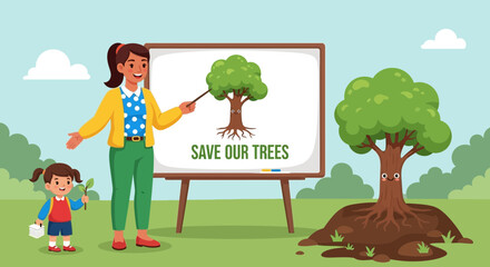 Educational Illustration: Teacher and Student Promoting Environmental Awareness with Trees