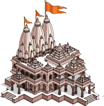 Ram Mandir Ayodhya Isometric Vector. Detailed Hindu Temple Illustration.