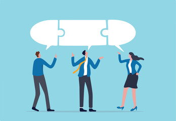 Compromise to get solution in business meeting, leadership to communicate and connect ideas in brainstorm session concept, smart business people team with connected jigsaw puzzle speech bubble.