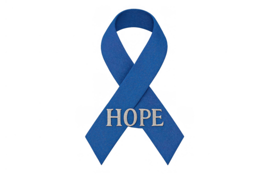 Blue awareness ribbon with hope text representing support, charity, and encouraging mental health advocacy on transparent background