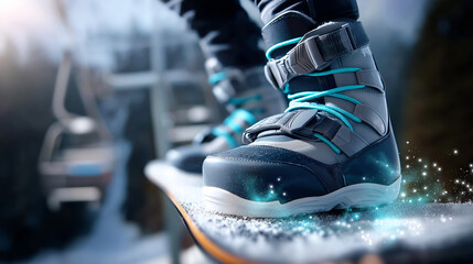 Snowboard binding strap near ankle, frosty breath, mountain chairlift in blur, winter action detail, with copy space