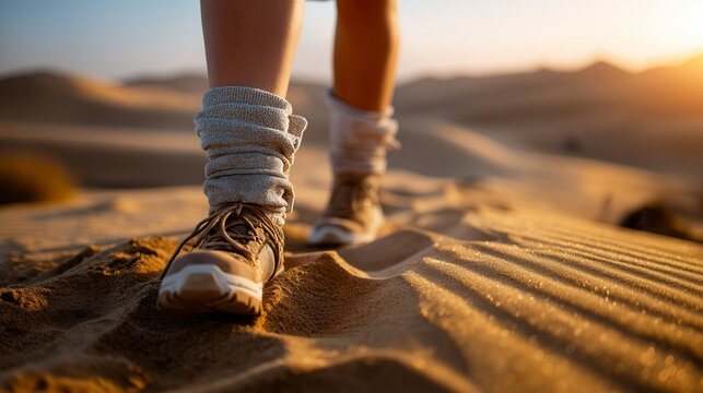 Desert run gaiters covering ankles, dune ridge silhouette, endurance adventure, heat shimmer, with copy space
