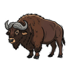 Cartoon bison standing with large horns and shaggy brown coat  