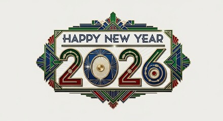 Happy new year 2026 art deco style sign with festive design and numbers