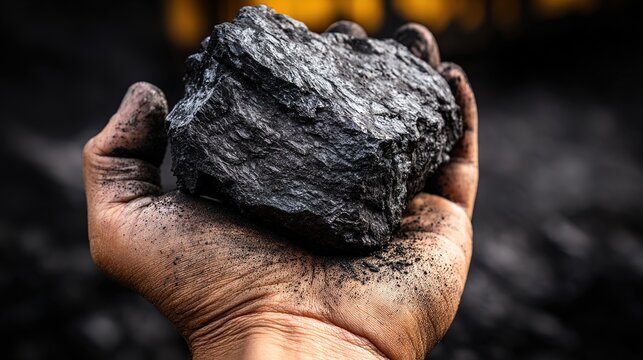 Hand holding raw coal in industrial mining environment