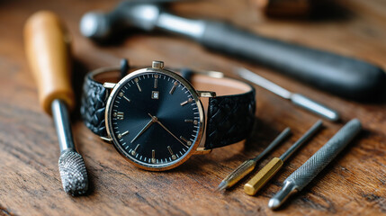 Minimal craft scene: leather ankle strap watch being assembled, tools arranged, artisanal detail, timeless style, with copy space