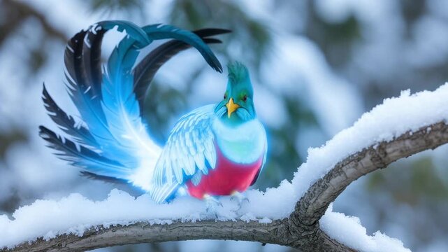 Stunning quetzal perched on snowy branch with vibrant feathers spread