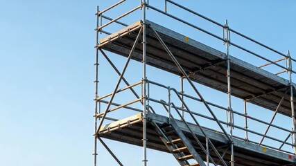 Medium shot of sturdy scaffolding framework set against a clear sky showcasing temporary construction support for shortterm engineering projects.