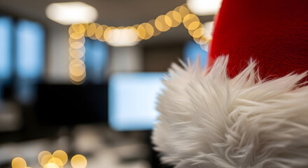Gorro de Papá Noel junto a pantalla de ordenador en oficina tecnológica, concepto de marketing digital, ecommerce y campaña de ventas navideñas en línea