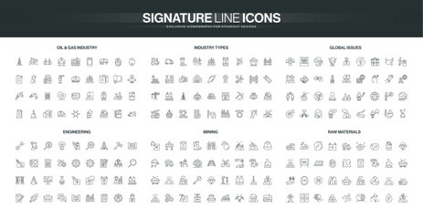 Comprehensive set of thin line icons covering oil gas industry, engineering, mining, raw materials, and global issues, ideal for technical and industrial themes isolated vector illustration