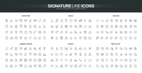 Minimalist line icons set covers adventure, beach, seasons, hobbies, sports, and time concepts with simple black outlines for diverse lifestyle and activity themes isolated vector illustration