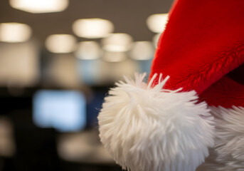 Santa hat in front of blurred computer screens with cool blue bokeh, digital business and ecommerce Christmas marketing background