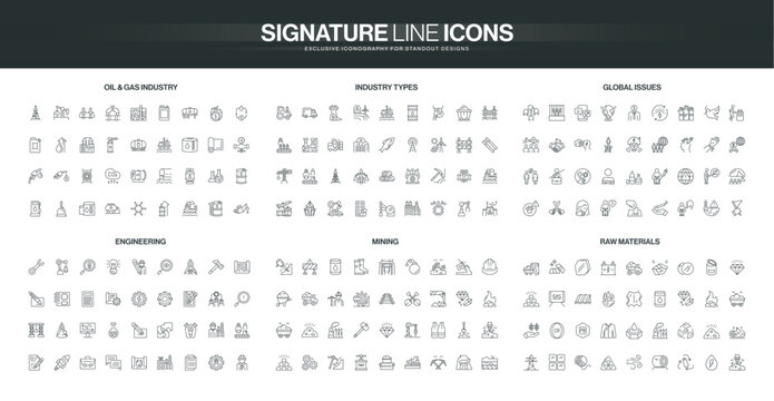 Comprehensive set of thin line icons covering oil gas industry, engineering, mining, raw materials, and global issues, ideal for technical and industrial themes isolated vector illustration