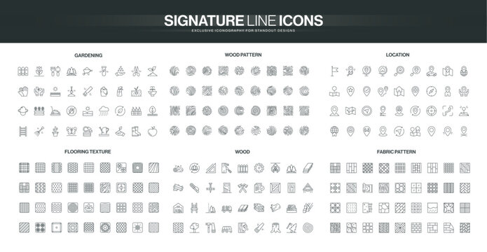 Minimalist line icons set features gardening tools, wood patterns, map locations, flooring textures, wood materials, and fabric patterns for diverse design needs isolated vector illustration