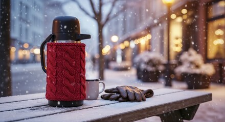 Red thermos and cup on snowy table in winter city street  