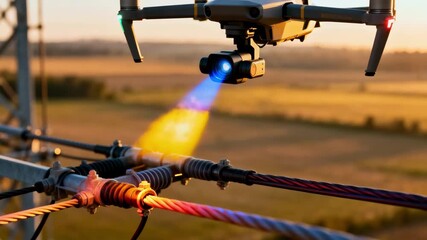 Medium shot of an autonomous drone hovering near power lines capturing detailed inspections with thermal imaging sensors for cable maintenance. - Powered by Adobe