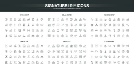 Comprehensive line icon set covers environment, solar energy, power, landscape, smart city, and CO2 emissions themes, ideal for sustainability and technology topics isolated vector illustration