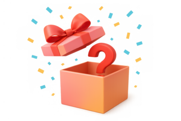 Gift box opening revealing a question mark, representing surprise, mystery, and an unexpected present