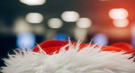 Soft focus Santa hat with blurred computer screens in office, Christmas customer service and holiday support background