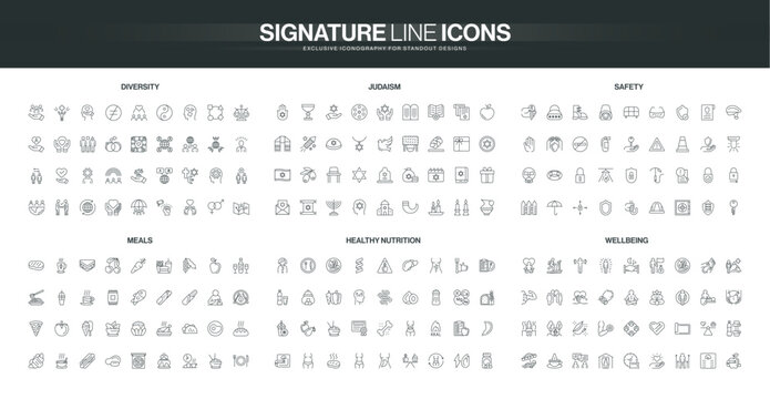 Line icons set covers diversity, Judaism, safety, meals, healthy nutrition, and wellbeing themes, representing community, culture, health, and daily life in isolated vector illustration - Powered by Adobe