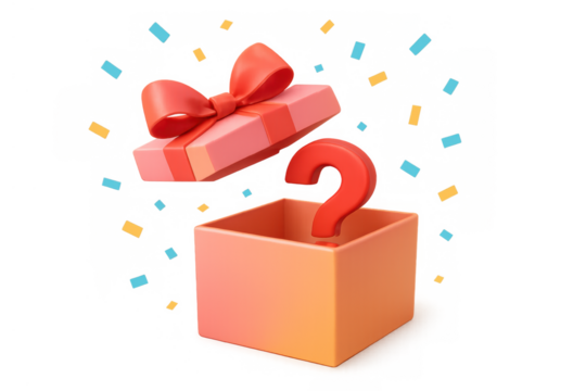 Gift box opening revealing a question mark, representing surprise, mystery, and an unexpected present