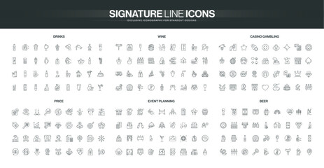 Collection of thin line icons covering drinks, wine, casino gambling, price, event planning, and beer themes, suitable for diverse hospitality and entertainment concepts isolated vector illustration