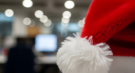 Santa hat in modern open plan office with colorful bokeh lights creating a cheerful corporate Christmas atmosphere