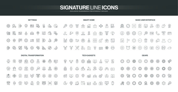 Minimalist line icons set covers settings, smart home, user interface, digital transformation, tech gadgets, and gears, suitable for modern digital concepts isolated vector illustration