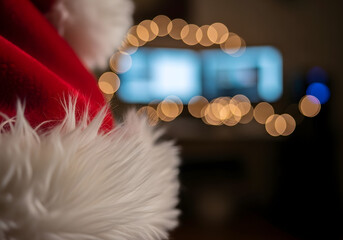 Oficina moderna vacía con gorros de Papá Noel en las sillas y luces cálidas tras la fiesta de Navidad corporativa