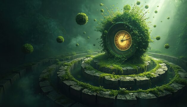 Fantasy clock covered in moss in forest. Time concept illustration with surreal nature, old stone steps. Clock shows transience, change. Ecological time machine in unreal landscape symbolizes future.