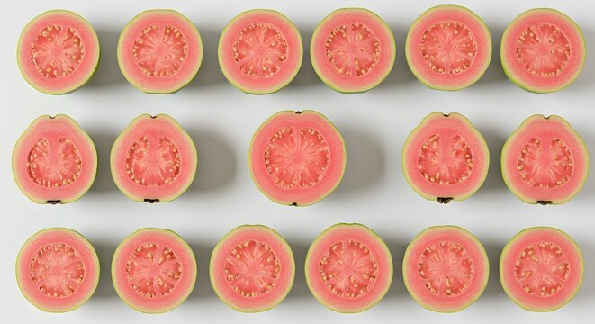 Artistic Overhead Composition Featuring Evenly Spaced Guava Pieces