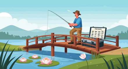 Naklejka premium Fisherman angling from a wooden bridge, surrounded by peaceful natural scenery