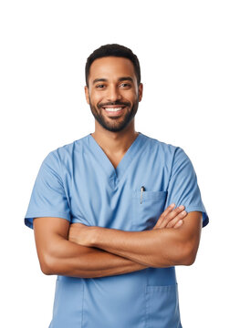 Smiling male medical professional wearing light blue scrubs with arms crossed against a plain dark background