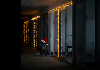 Dark office hallway with golden string lights and Santa hat, elegant abstract background for corporate christmas